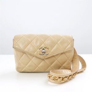 CHANEL Beige Quilted Lambskin Small Flap Crossbody with Gold Chain